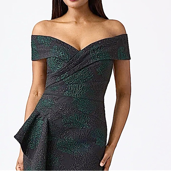 NWT Rickie Freeman Teri Jon black green pewter jacquard off shoulder formal gown - Picture 3 of 12